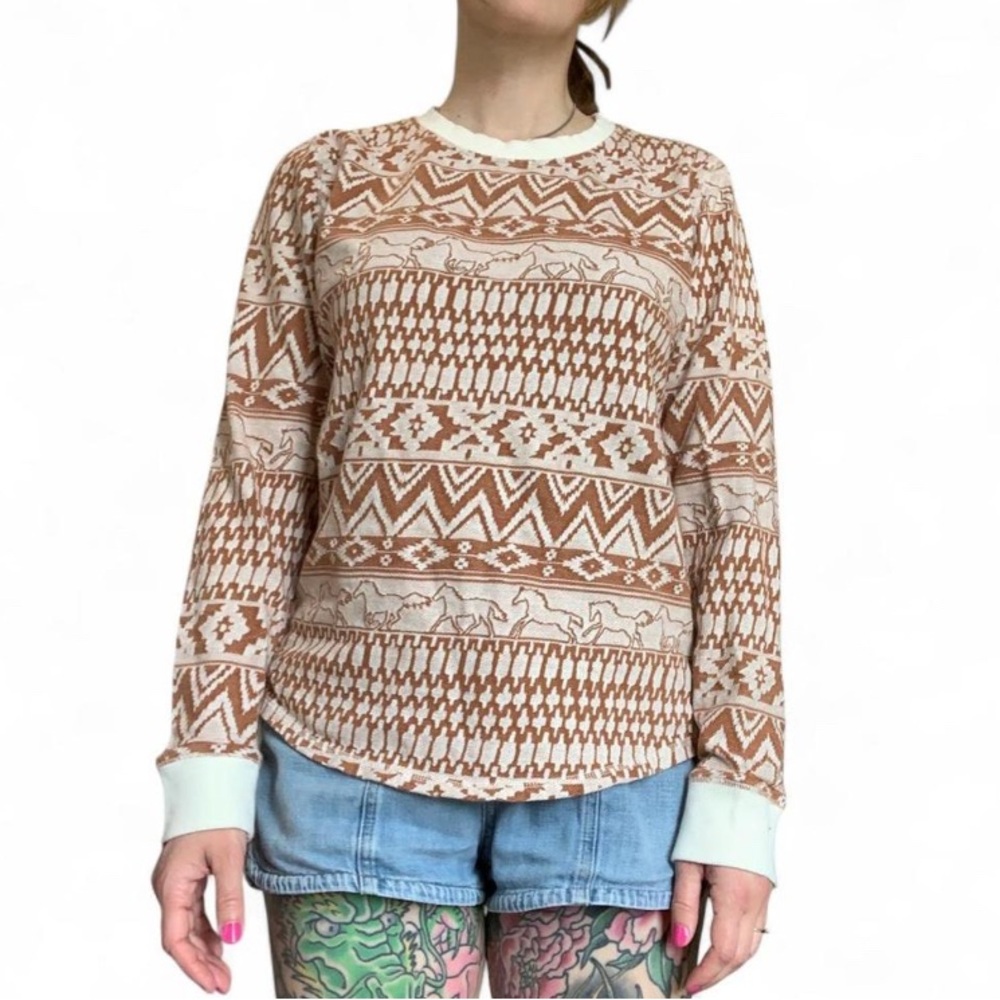 Wrangler Retro Brown and Cream Horse Geometric Patterned Sweater